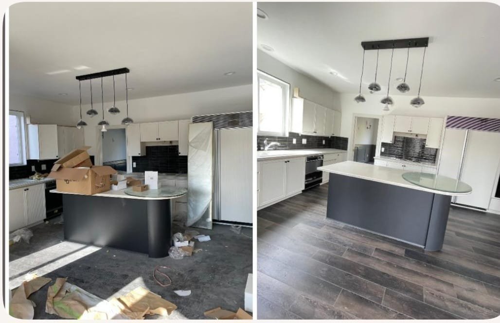Before and after of a kitchen deep clean with a dark kitchen island, wood flooring, and pendant lighting