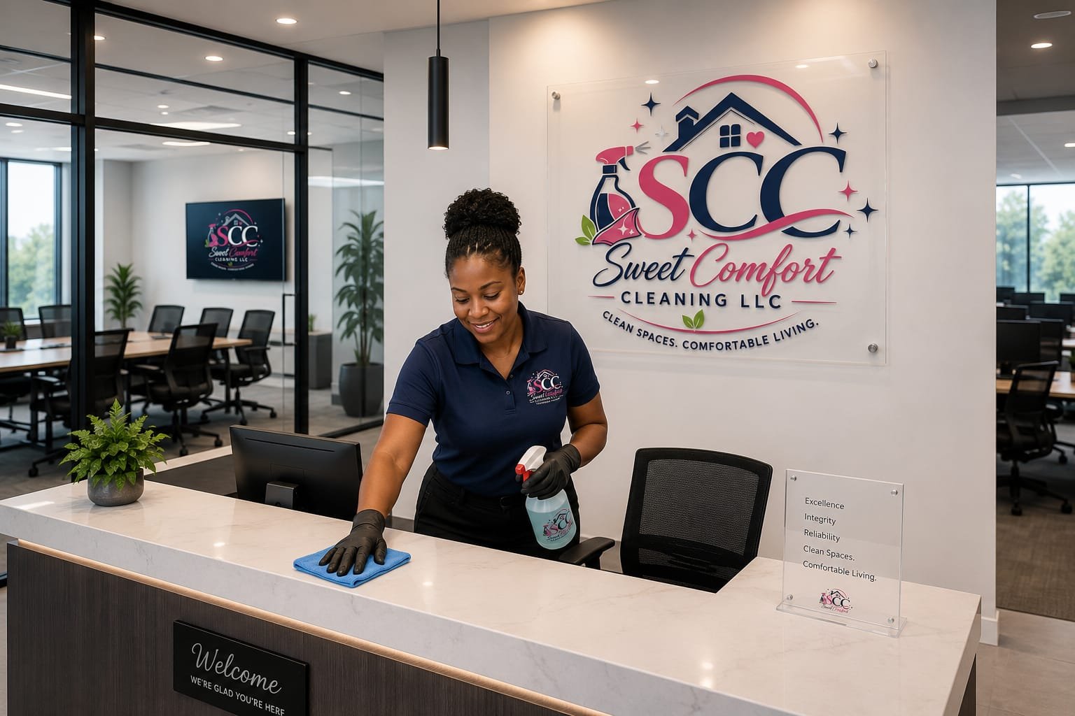 Sweet Comfort Cleaning LLC team member wiping down a reception desk beside the company logo